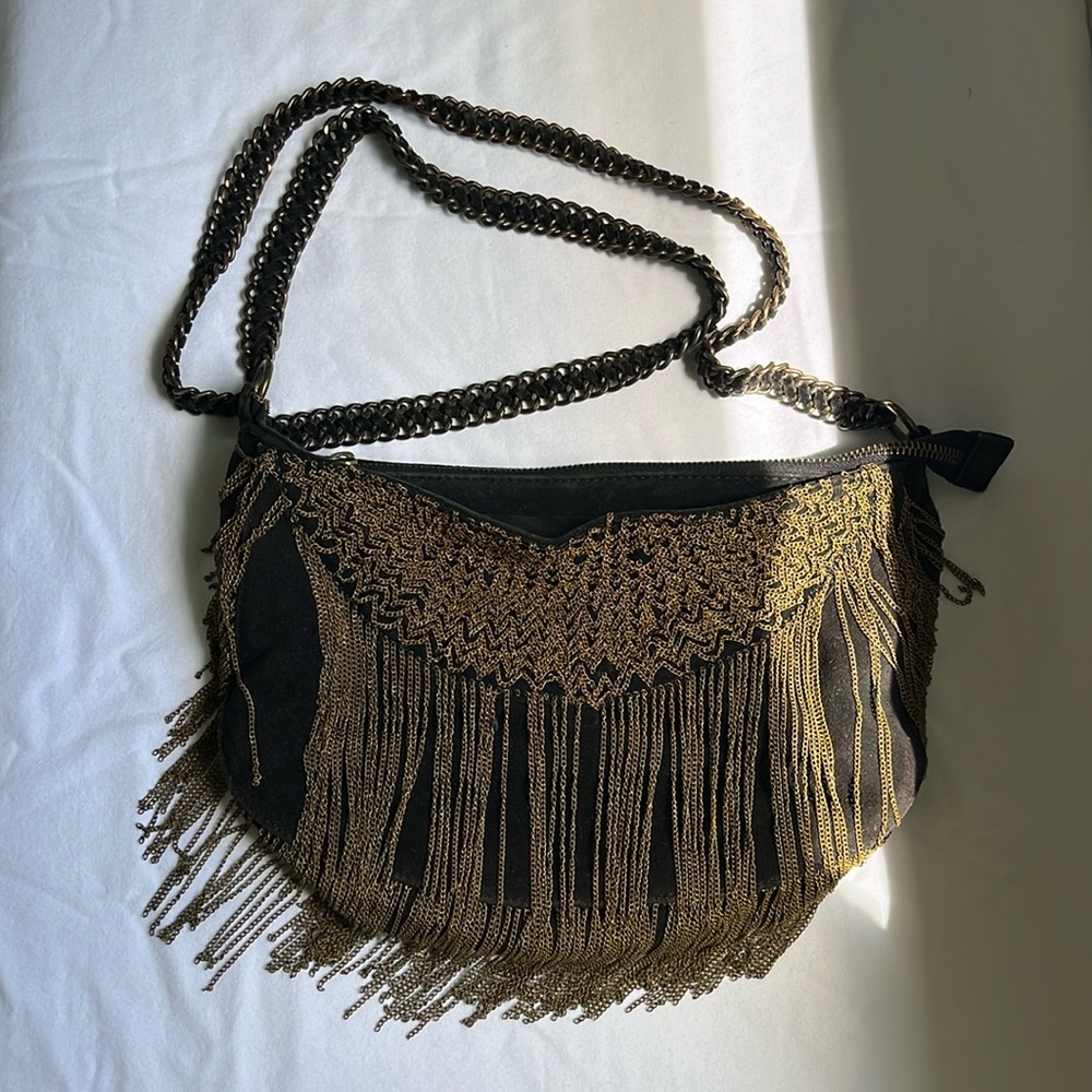 Antik Batik suede leather bag with brass fringe